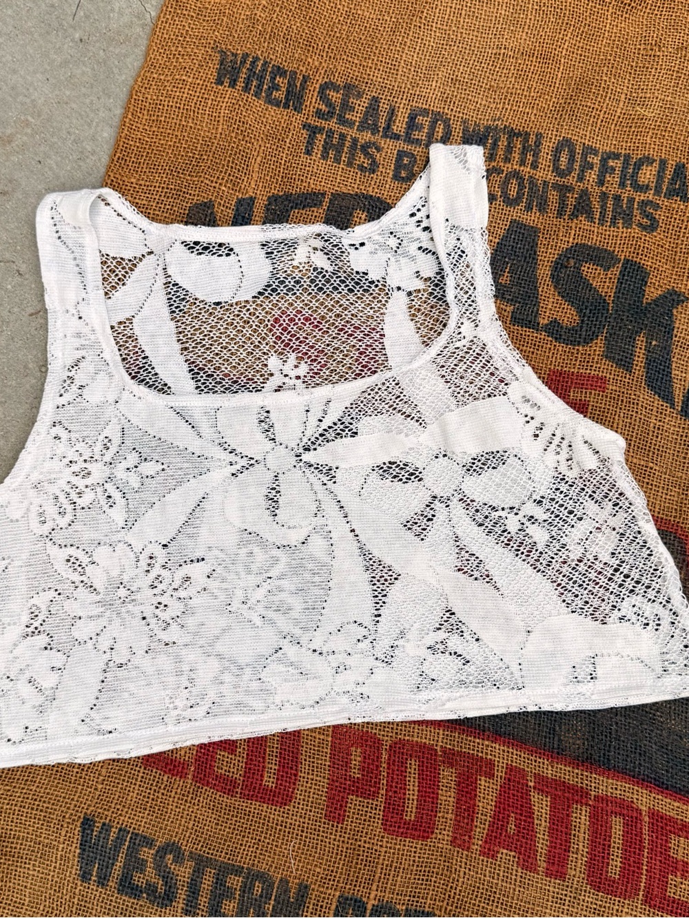 Handmade vintage fabric White Lace Cropped Tank Top - Breathable Floral Knit
